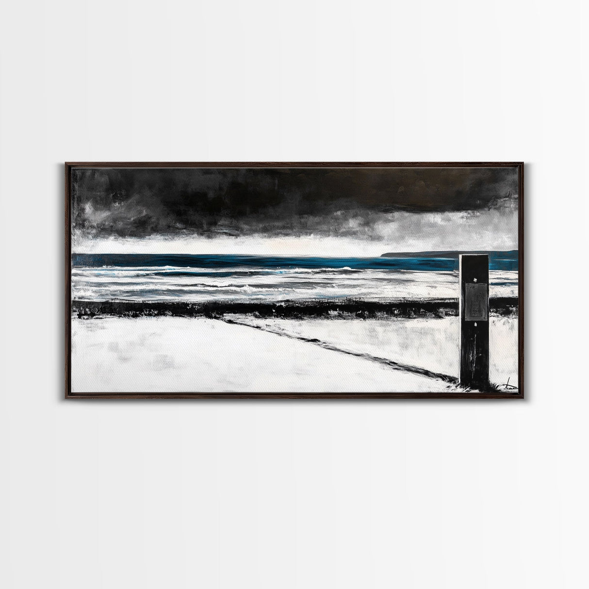 Stormy Beach Scene, Moody Ocean Painting, Coastal Wall Art, Dark Seascape Print, Framed Canvas Print, Dramatic Home Decor