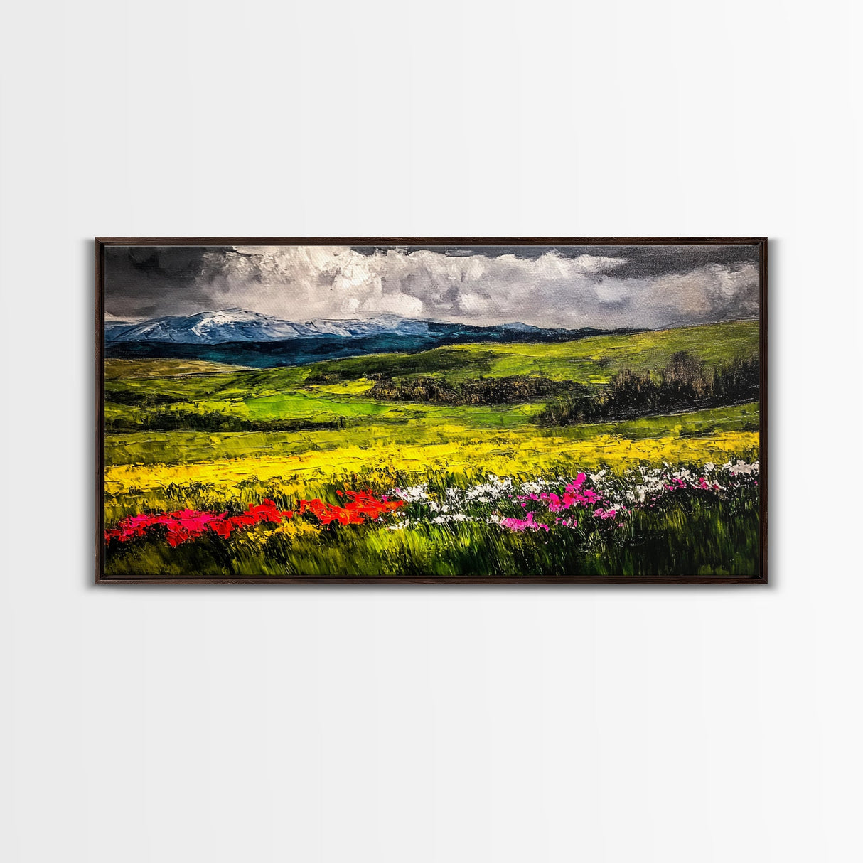 Spring Meadow Landscape, Mountain Wildflower Art, Vibrant Nature Wall Art, Farmhouse Decor, Impressionist Landscape, Framed Canvas Print