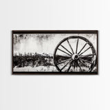 Wagon Wheel, Mountain Landscape, Black and White Western Art, Rustic Home Decor, Framed Canvas Print, Farmhouse Living Room Art