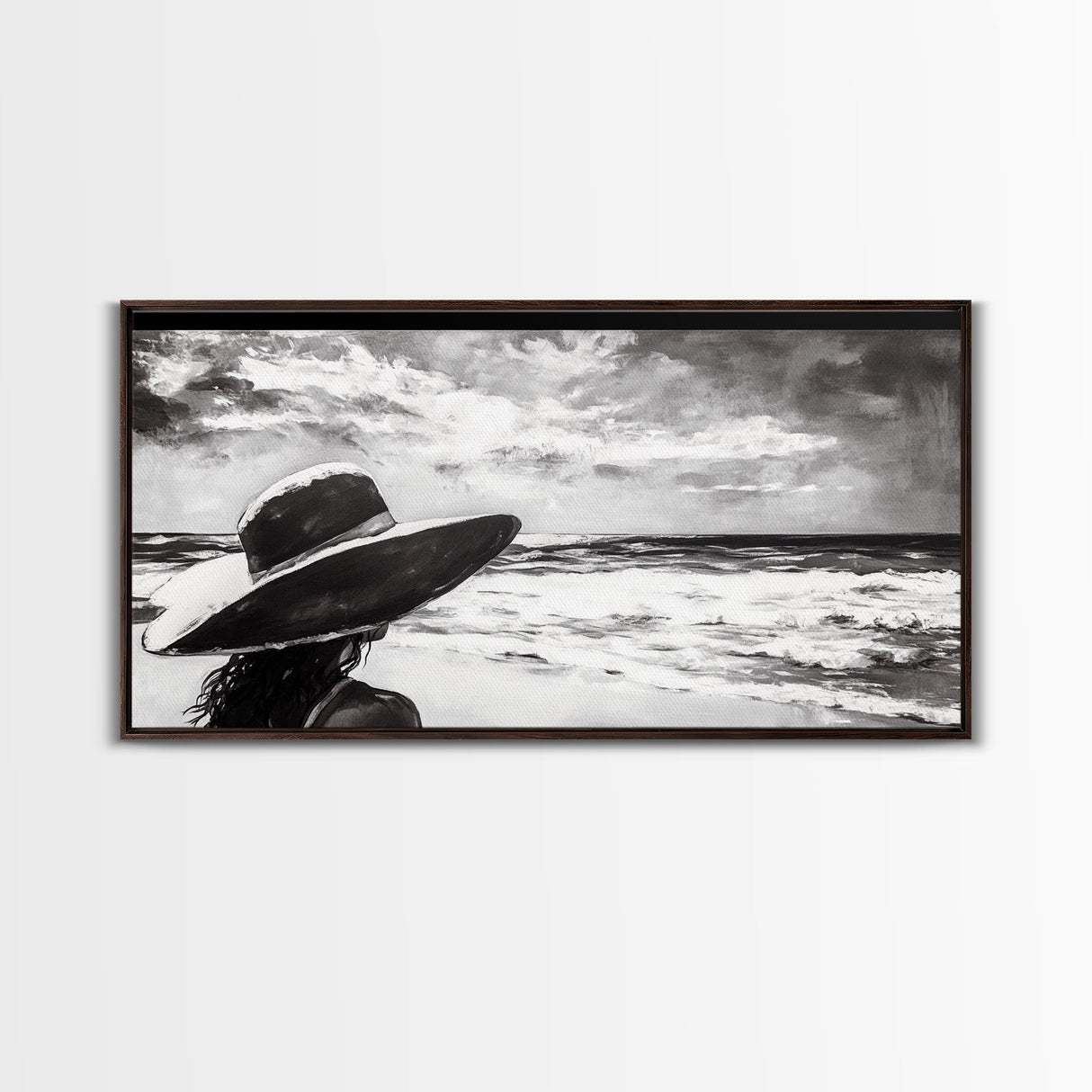 Woman at Beach, Black and White Wall Art, Minimalist Canvas Print, Modern Coastal Decor, Ocean View Art, Living Room Wall Art