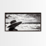 Woman at Beach, Black and White Wall Art, Minimalist Canvas Print, Modern Coastal Decor, Ocean View Art, Living Room Wall Art