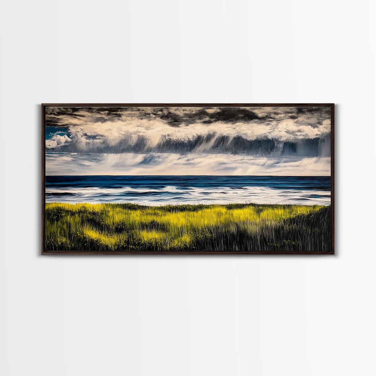 Rain Over Ocean, Blue Seascape, Beach House Decor, Coastal Art, Atmospheric Painting, Nature Inspired, Office Wall Art, Framed Canvas Print