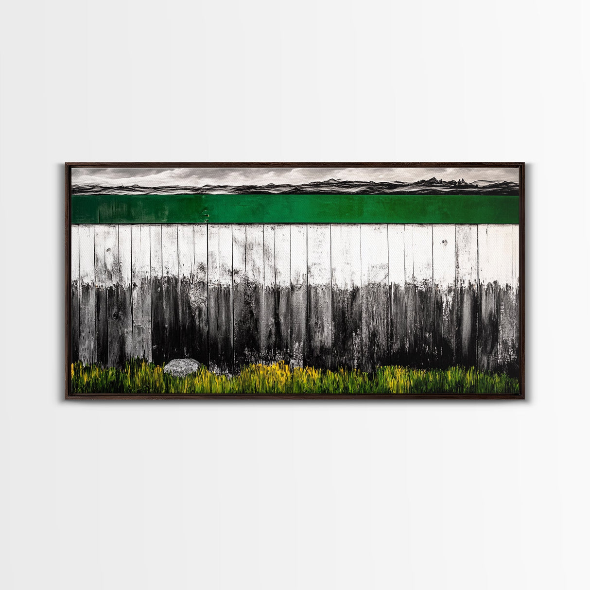 Rustic Fence, Green Landscape, Modern Country Art, Black and White with Color, Nature Inspired, Farmhouse Decor, Serene View, Canvas Print