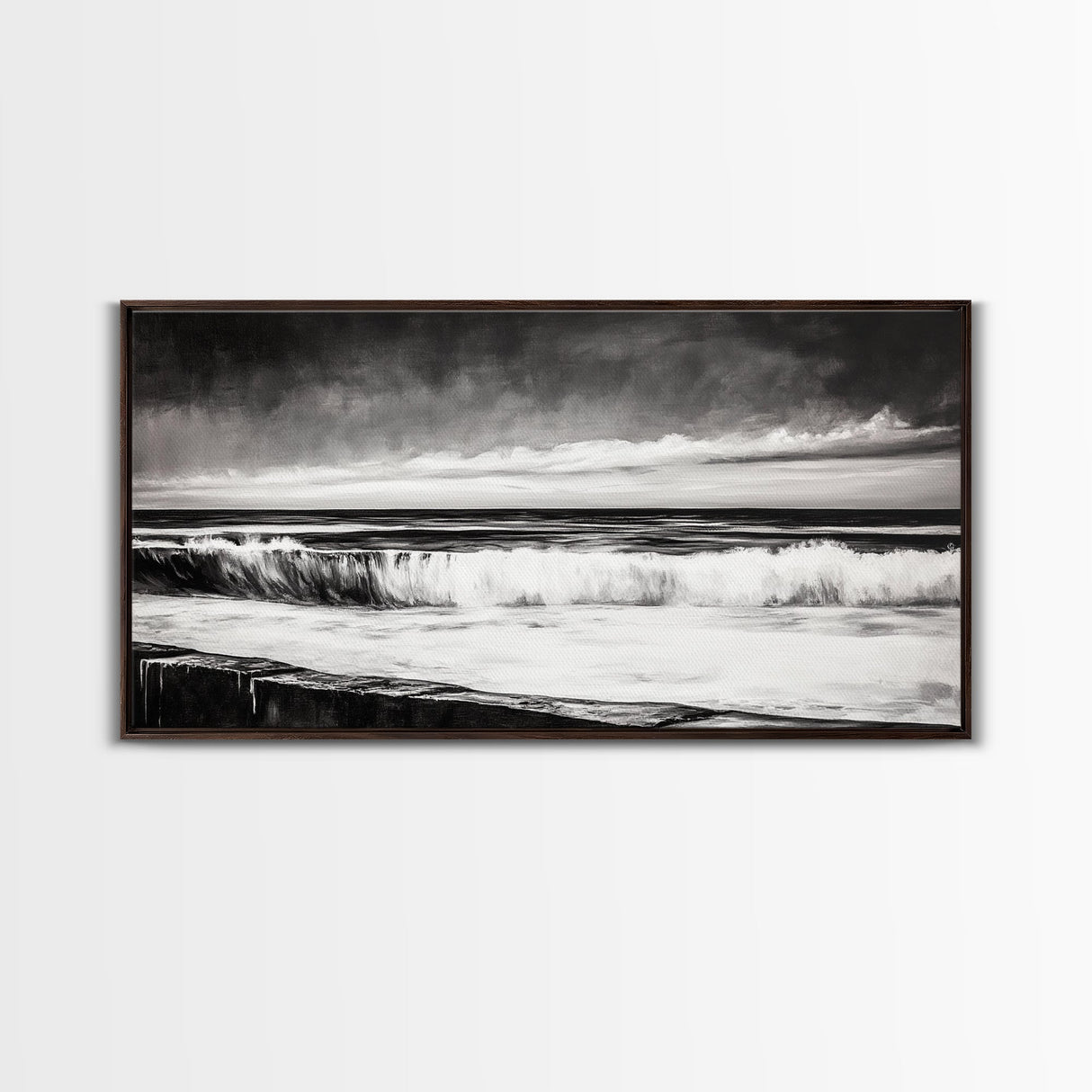 Monochrome Ocean, Rolling Waves, Black and White Beach Art, Framed Canvas Print, Minimalist Seascape, Coastal Wall Decor, Bedroom Art