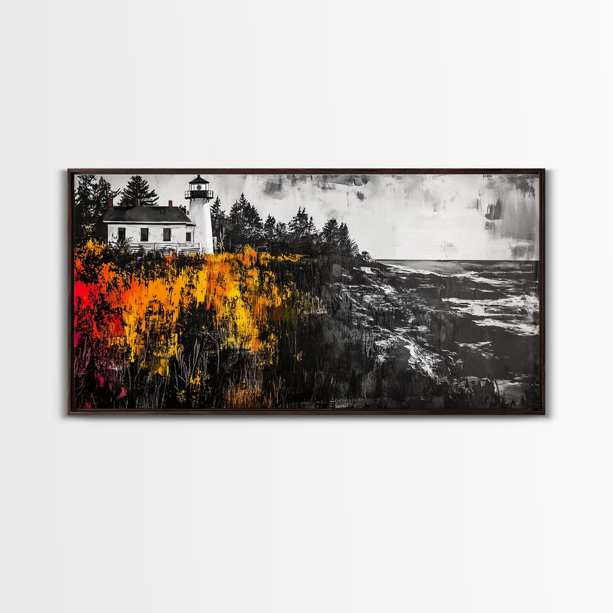 Lighthouse Cliff, Ocean Waves, Autumn Colors, Framed Canvas Print, Rustic Home Decor, Beach House Art, Nautical Wall Art, Fall Aesthetic