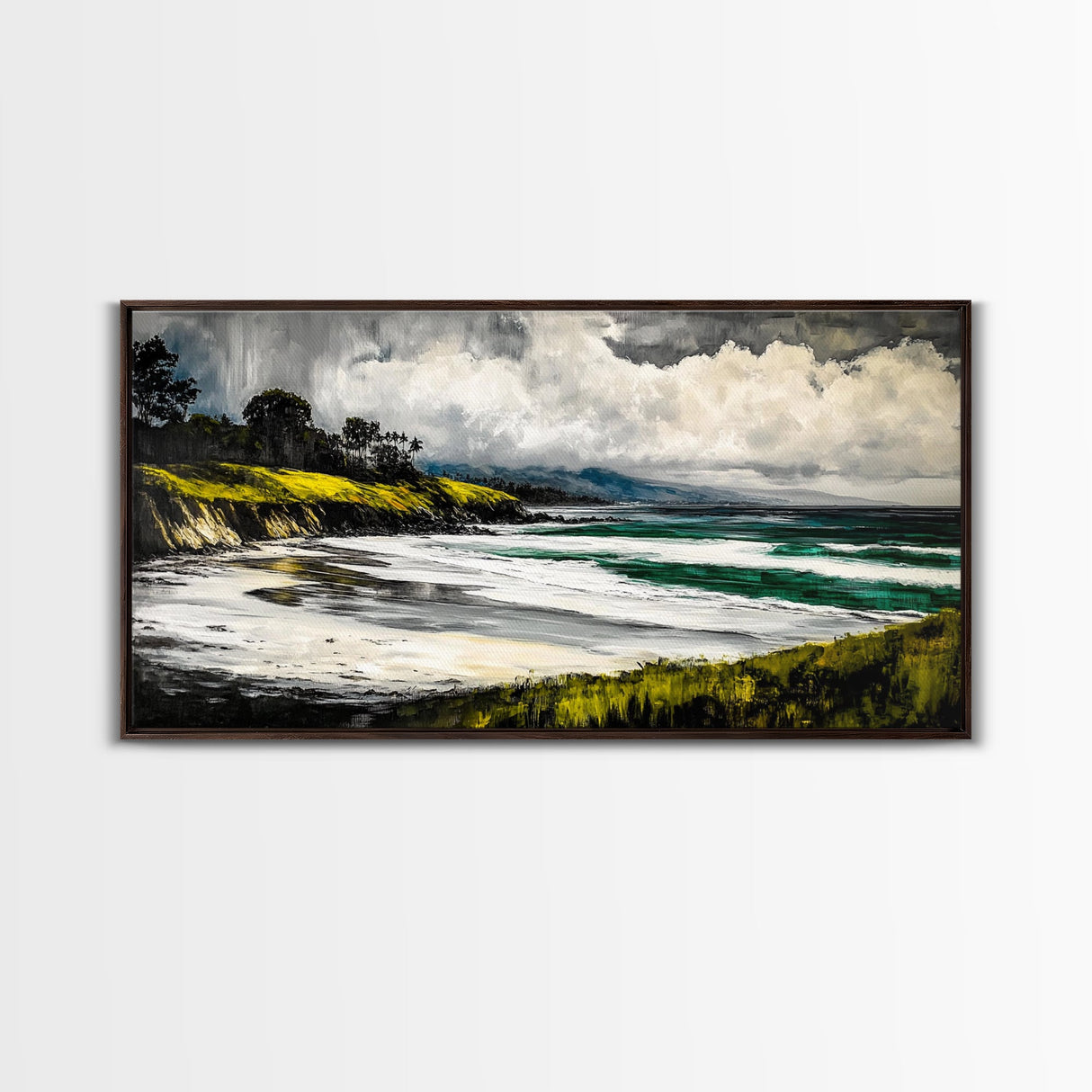 Foggy Shoreline, Rolling Waves, Coastal Landscape, Framed Canvas Print, Beach House Wall Art, Minimalist Decor, Modern Seascape Art