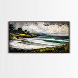 Foggy Shoreline, Rolling Waves, Coastal Landscape, Framed Canvas Print, Beach House Wall Art, Minimalist Decor, Modern Seascape Art