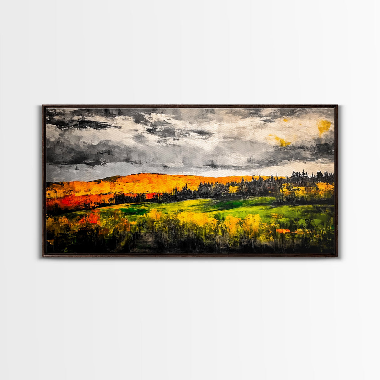 Fall Mountain View, Golden Forest Landscape, Moody Sky Painting, Rustic Country Art, Autumn Scene, Vibrant Wall Decor, Framed Canvas Print