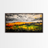 Fall Mountain View, Golden Forest Landscape, Moody Sky Painting, Rustic Country Art, Autumn Scene, Vibrant Wall Decor, Framed Canvas Print