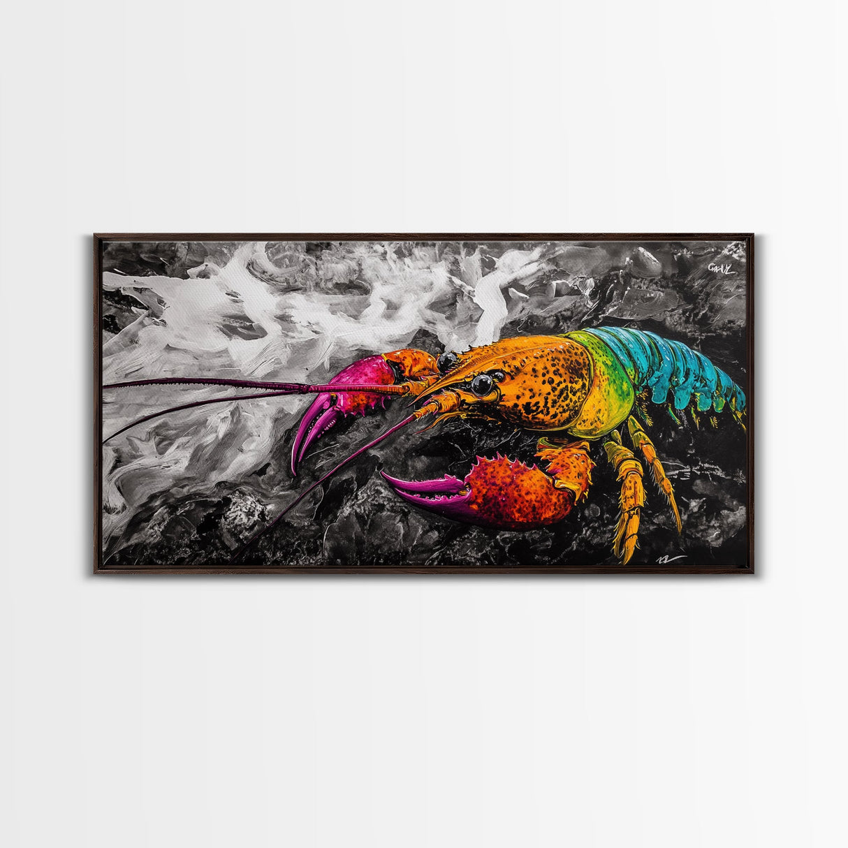 Rainbow Lobster, Colorful Crustacean, Bold Marine Art, Framed Canvas Print, Kitchen Decor, Vibrant Wall Art, Nautical Statement Piece