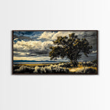 Solitary Tree, Dramatic Sky, Western Landscape, Rustic Nature, Southwest Art, Framed Canvas Print, Living Room Decor, Bold Earthy Painting