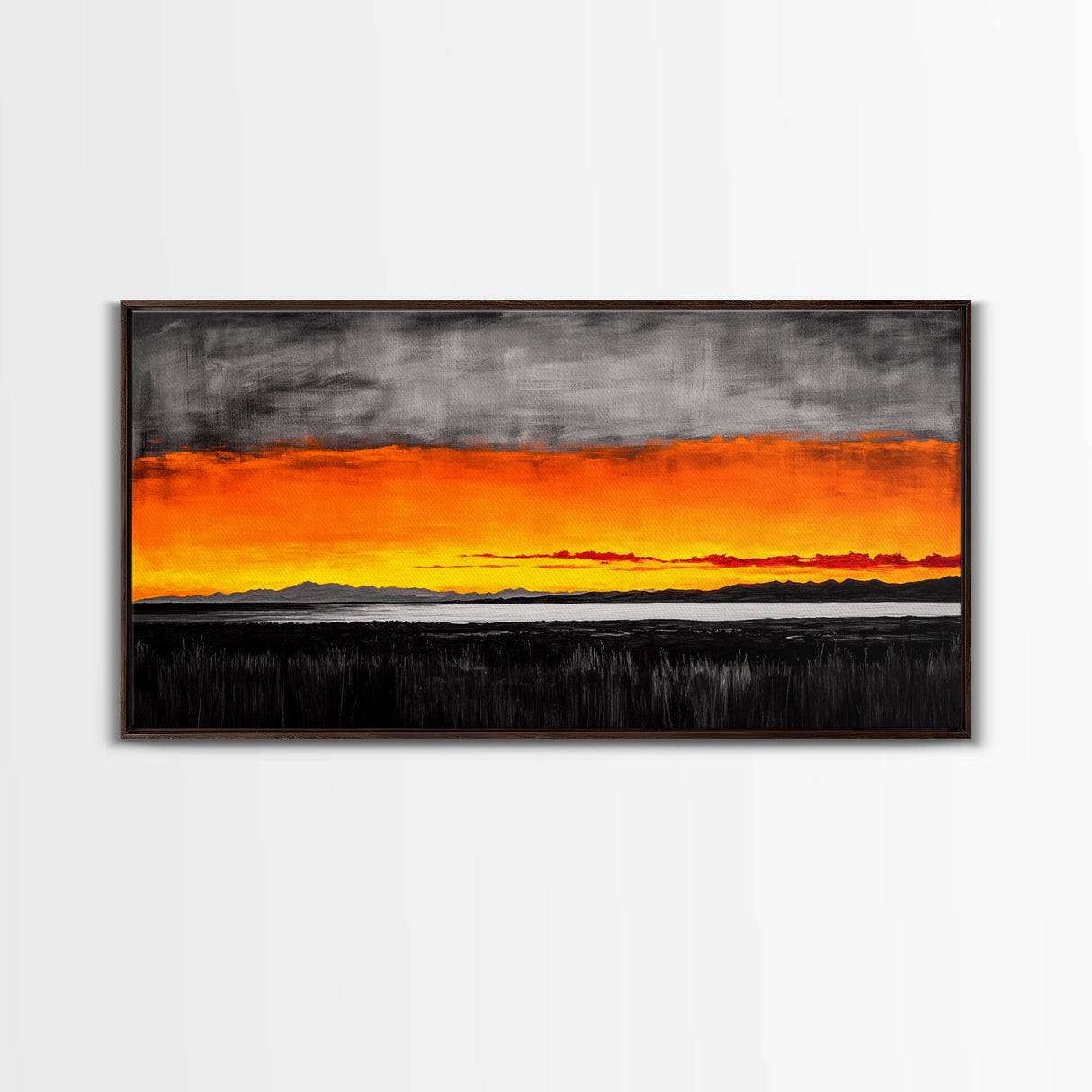 Sunset Glow, Dramatic Sky, Scenic Landscape, Bold Colors, Rustic Nature, Framed Canvas Print, Fall Decor, Living Room Wall Art
