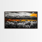Mountain Range, Autumn Colors, Rustic Landscape, Moody Sky, Warm Tones, Framed Canvas Print, Cabin Wall Decor, Living Room Art