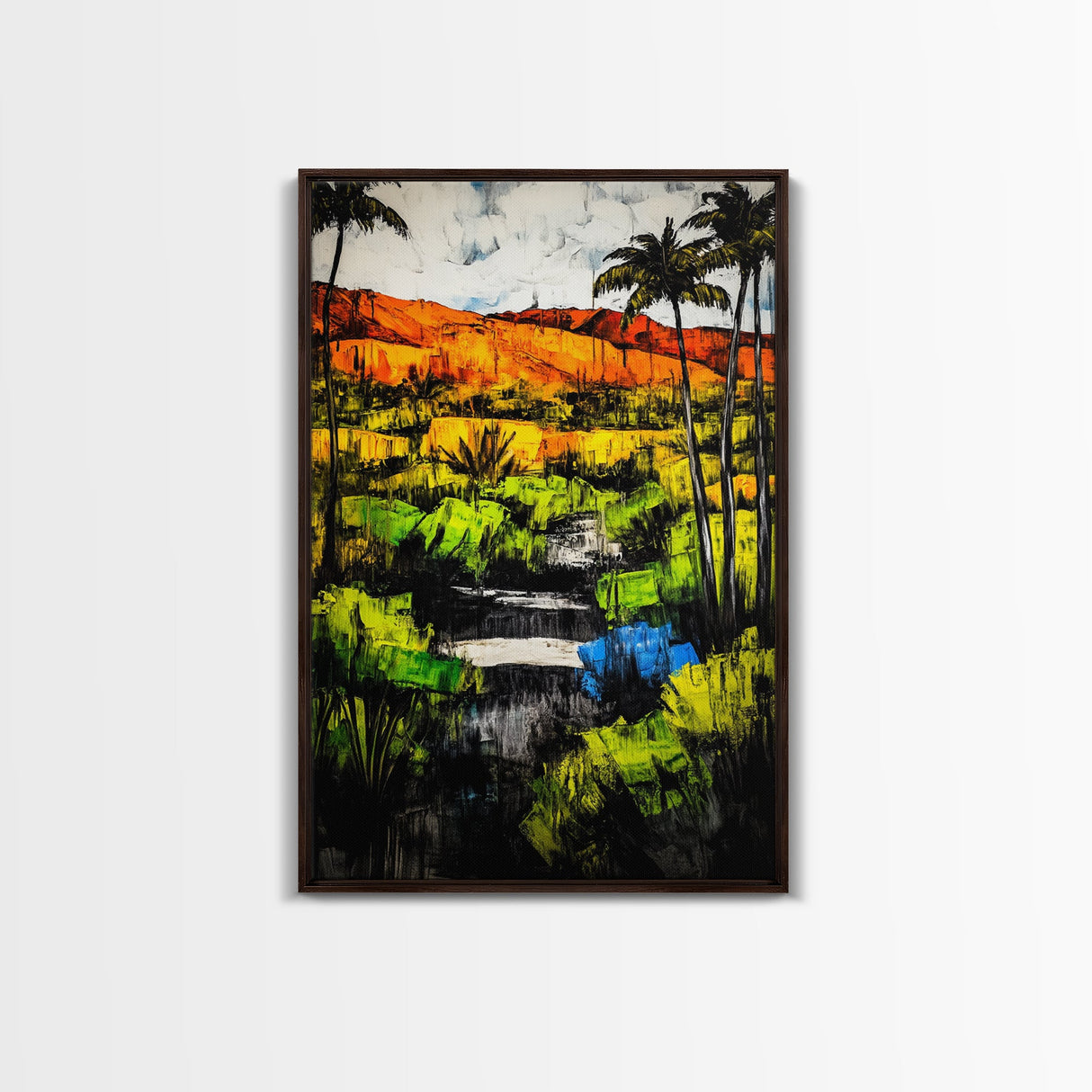 Tropical Landscape, Palm Trees, Sunset Glow, Framed Canvas Print, Vibrant Wall Art, Living Room Decor, Modern Colorful Art, Nature Scene