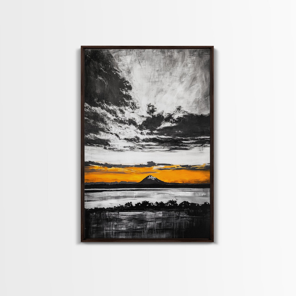 Volcanic Sunset, Black and White, Dramatic Sky, Framed Canvas Print, Moody Wall Art, Modern Landscape, Office Decor, Nature Aesthetic