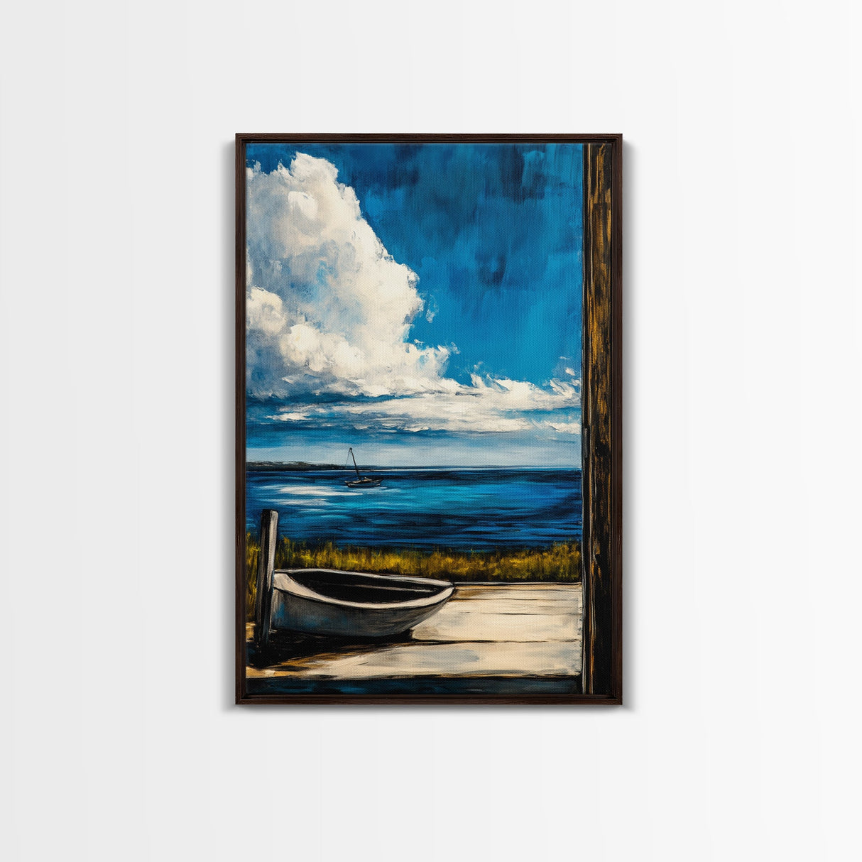 Seaside Serenity, Wooden Dock, Tranquil View, Framed Canvas Print, Ocean Wall Art, Coastal Living, Beach House Decor, Nautical Aesthetic