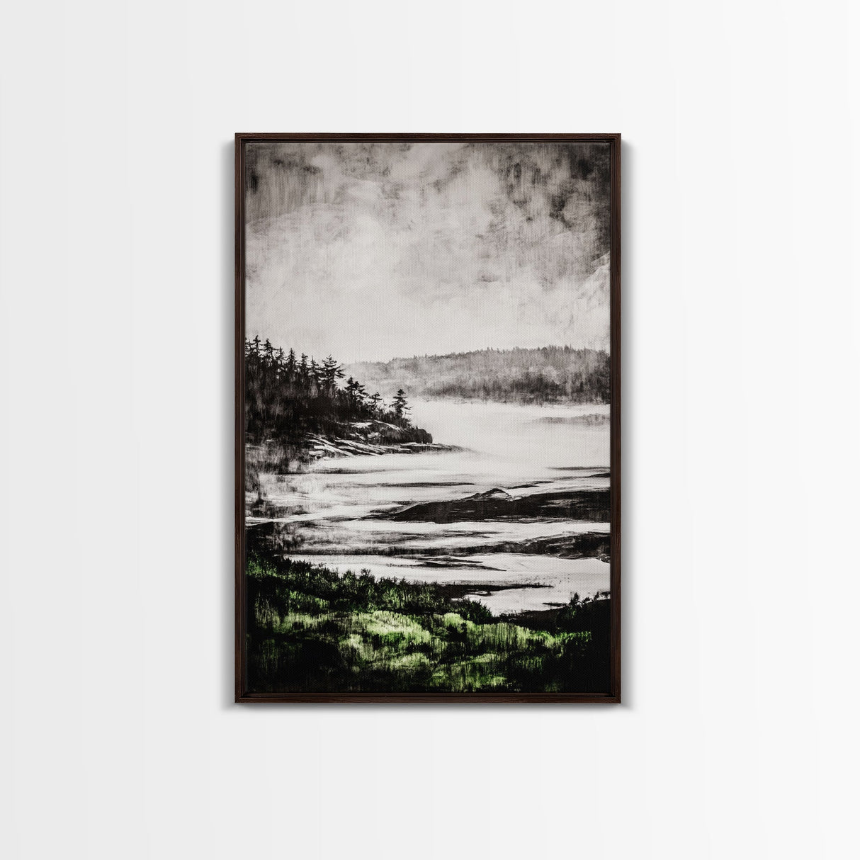 Misty Mountain View, Black and White Landscape, Minimalist Nature Wall Art, Bedroom Decor, Framed Canvas Print, Neutral Aesthetic
