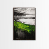 Green Coastal Hills, Ocean Shoreline Painting, Scenic Landscape Art, Office Wall Decor, Nature Inspired Print, Framed Canvas Print