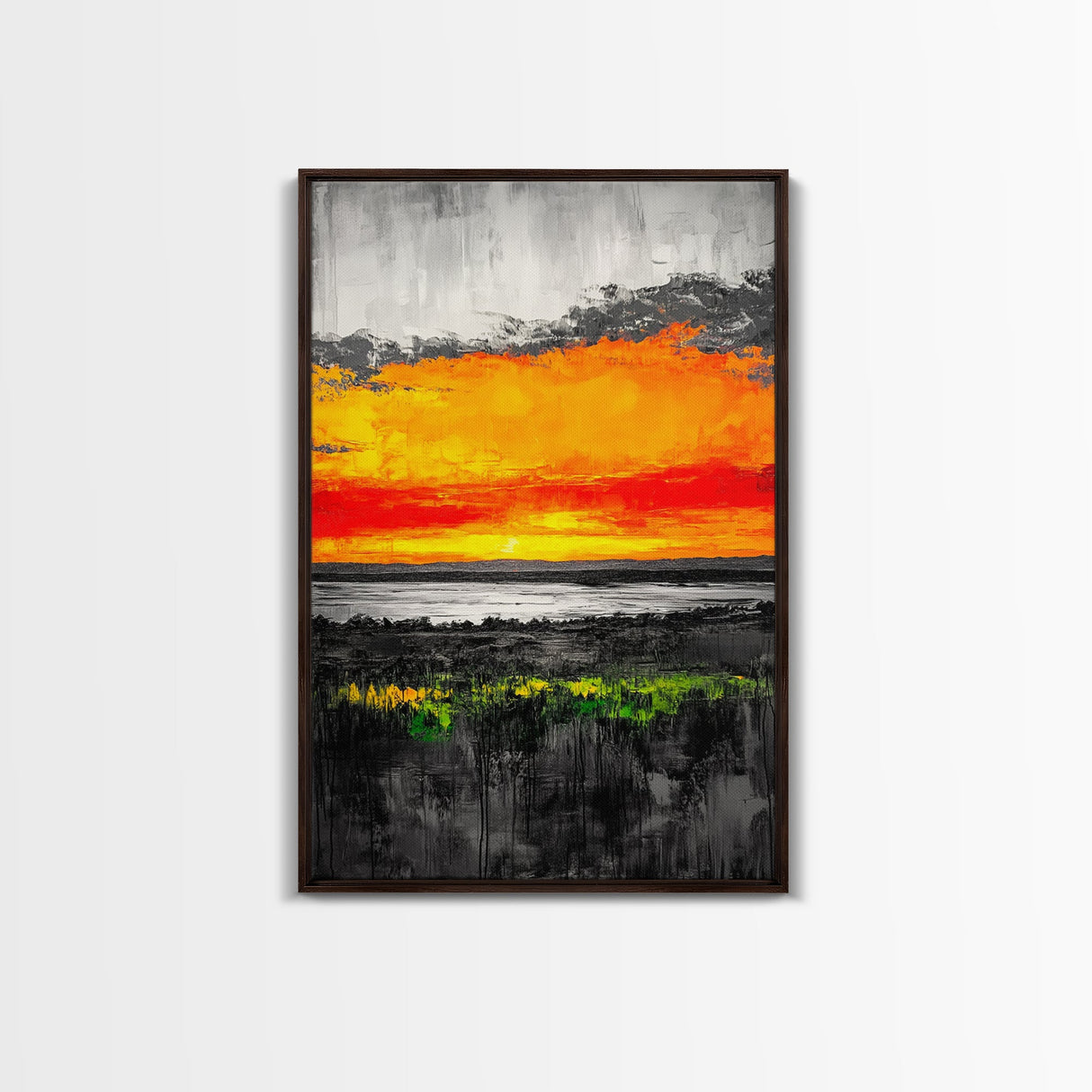 Fiery Sunset Glow, Dramatic Sky Painting, Vibrant Landscape Art, Living Room Decor, Bold Color Wall Art, Framed Canvas Print