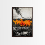 Burning Trees, Fiery Autumn Landscape, Dramatic Fall Wall Art, Modern Seasonal Home Decor, Bold Color Painting, Framed Canvas Print