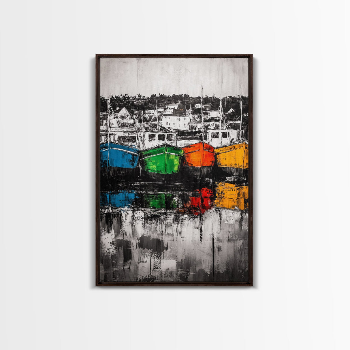Fishing Boats, Nautical Decor, Coastal Wall Art, Harbor Painting, Framed Canvas Print, Rustic Art, Beach House Wall Art, Living Room Decor