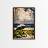 Seaside Relaxation Art, Green Beach Chair, Black White Umbrella, Ocean Scene, Serene Wall Decor, Nautical Home Artwork, Canvas Print