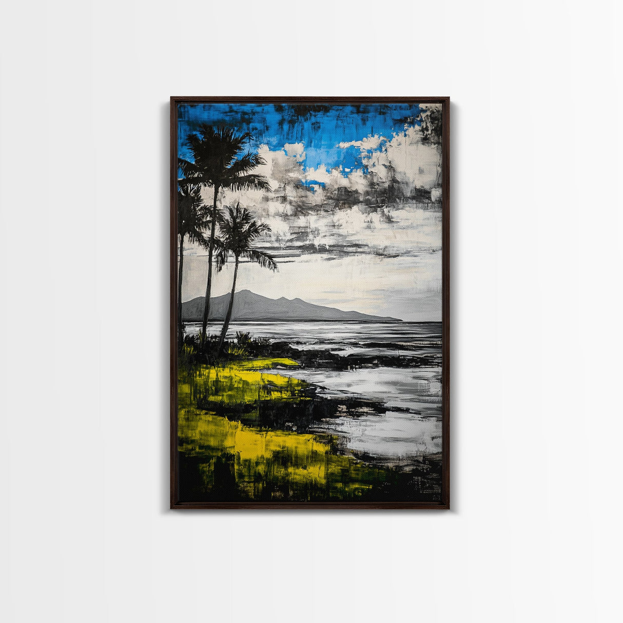 Tropical Beach Scene, Coastal Landscape Art, Black White Blue Yellow, Palm Tree Ocean Decor, Relaxing Home Gift, Framed Canvas Print