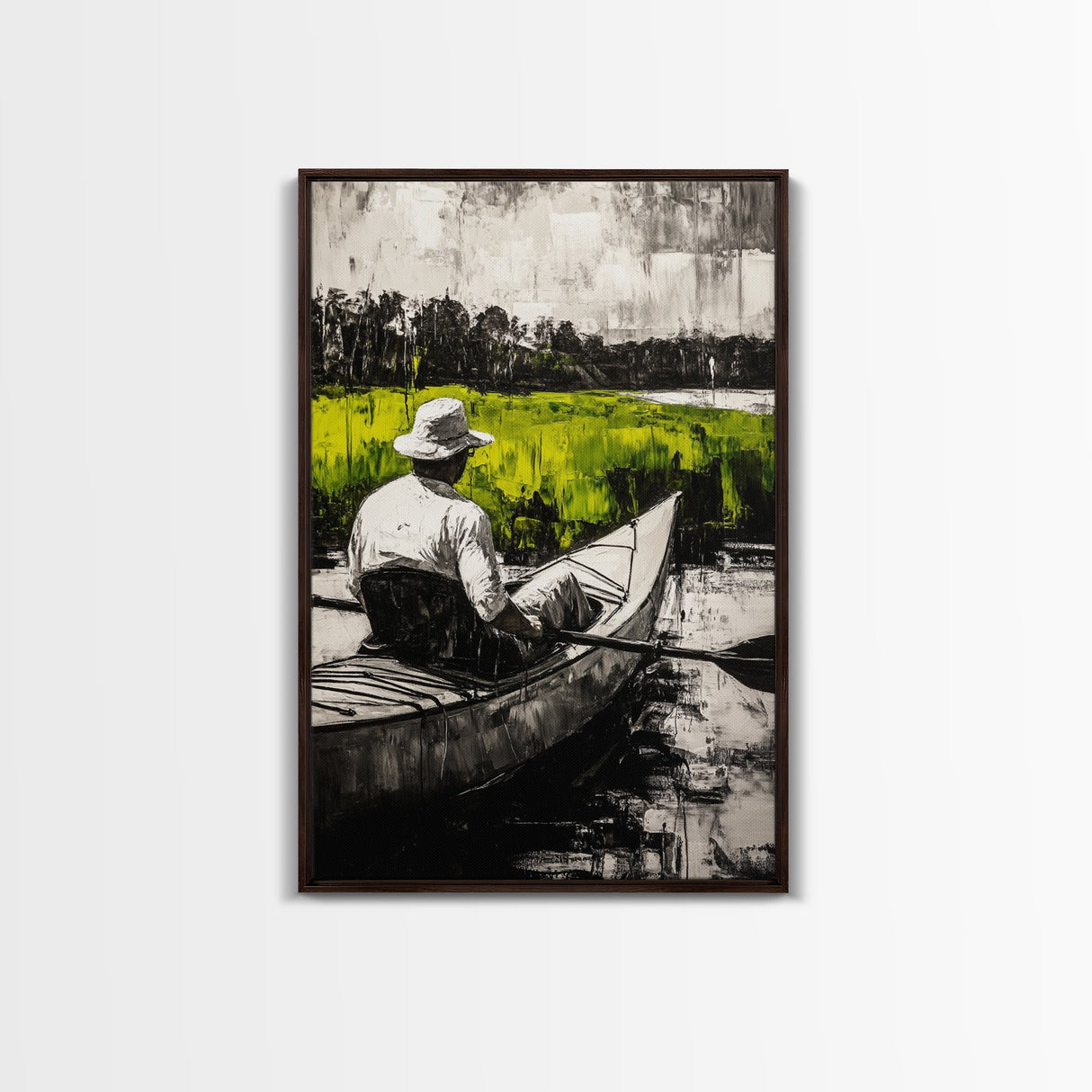 Kayaker River Scene, Black White Green Landscape, Peaceful Nature Art, Adventure Outdoor Wall Decor, Rustic Cabin Gift, Canvas Print