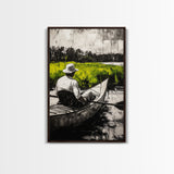 Kayaker River Scene, Black White Green Landscape, Peaceful Nature Art, Adventure Outdoor Wall Decor, Rustic Cabin Gift, Canvas Print