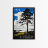 Lone Tree, Coastal Sunset, Blue Sky Painting, Black and White Landscape, Nature Art, Modern Wall Decor, Framed Canvas Print, Tranquil Mood