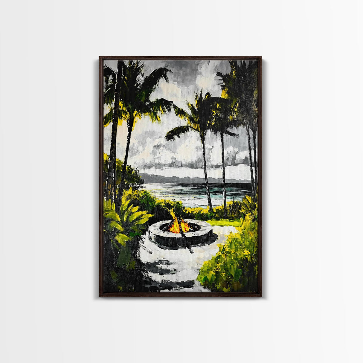Palm Trees, Fire Pit, Coastal Escape, Beach House Decor, Black and White Art, Tropical Landscape, Canvas Print, Relaxing Wall Art