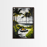 Palm Trees, Fire Pit, Coastal Escape, Beach House Decor, Black and White Art, Tropical Landscape, Canvas Print, Relaxing Wall Art