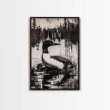 Loon, Lake Reflection, Nature Wall Art, Framed Canvas Print, Black and White Art, Minimalist Decor, Cabin Wall Art, Rustic Home
