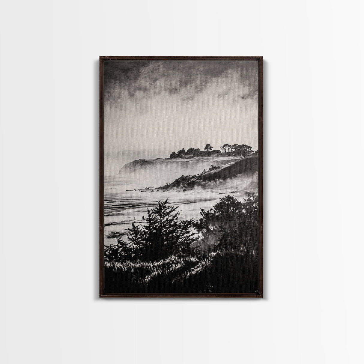 Misty Coast, Black White Art, Framed Canvas Print, Coastal Landscape, Foggy Ocean, Living Room Art, Nautical Decor, Monochrome Art