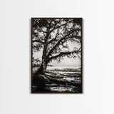 Tree Silhouette, Black White Art, Canvas Print, Dramatic Landscape, Coastal Wall Art, Nature Scene, Monochrome Decor, Minimalist Art