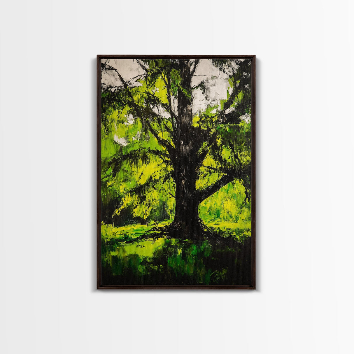 Majestic Tree, Forest Green, Nature Inspired, Framed Canvas Print, Botanical Wall Art, Office Wall Decor, Boho Landscape