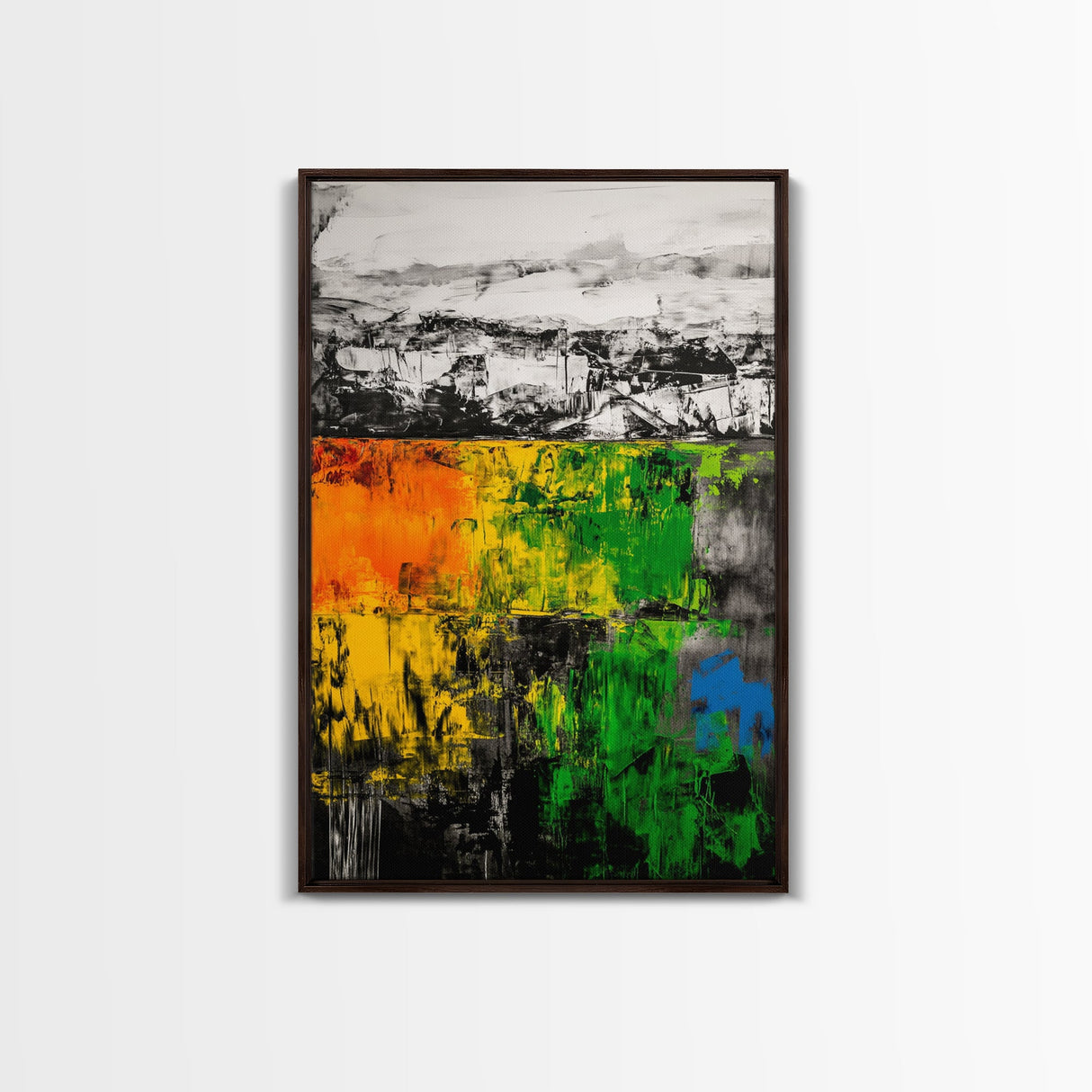 Bold Earthy Abstract, Green Yellow Orange, Framed Canvas Print, Rustic Wall Art, Living Room Decor, Textured Home Accent