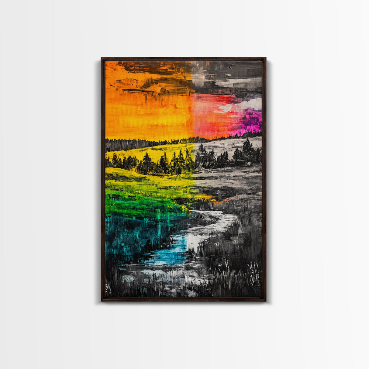 Vibrant Sunset, Colorful Landscape, Bold Abstract Art, Nature Inspired, Modern Painting, Framed Canvas Print, Living Room Wall Decor