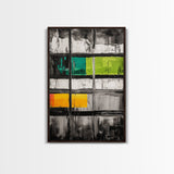 Modern Window Abstract, Black and White with Green and Yellow, Geometric Wall Art, Contemporary Interior Design, Framed Canvas Print