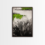 Wild Grass, Black and White with Green Accents, Abstract Nature Painting, Framed Canvas Print, Rustic Farmhouse or Living Room Decor