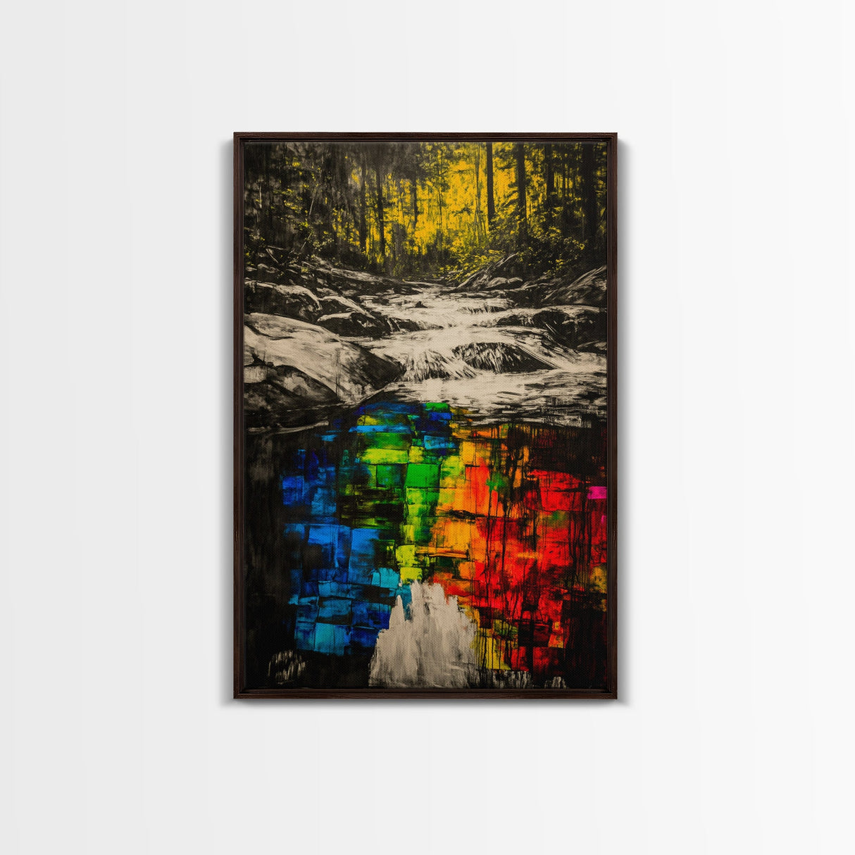 Forest Reflection, Black and White with Vibrant Colors, Abstract Waterfall Painting, Framed Canvas Print, Nature Lover’s Wall Art