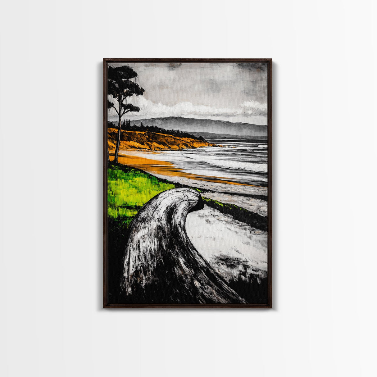 Driftwood Shore, Ocean Beach Wall Art, Modern Coastal Decor, Nature Seascape Print, Tranquil Waves, Framed Canvas Print