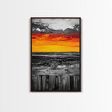 Sunset Landscape, Rustic Fence, Fiery Sky Art, Bold Color Wall Art, Abstract Nature Scene, Canvas Print, Boho Home Decor