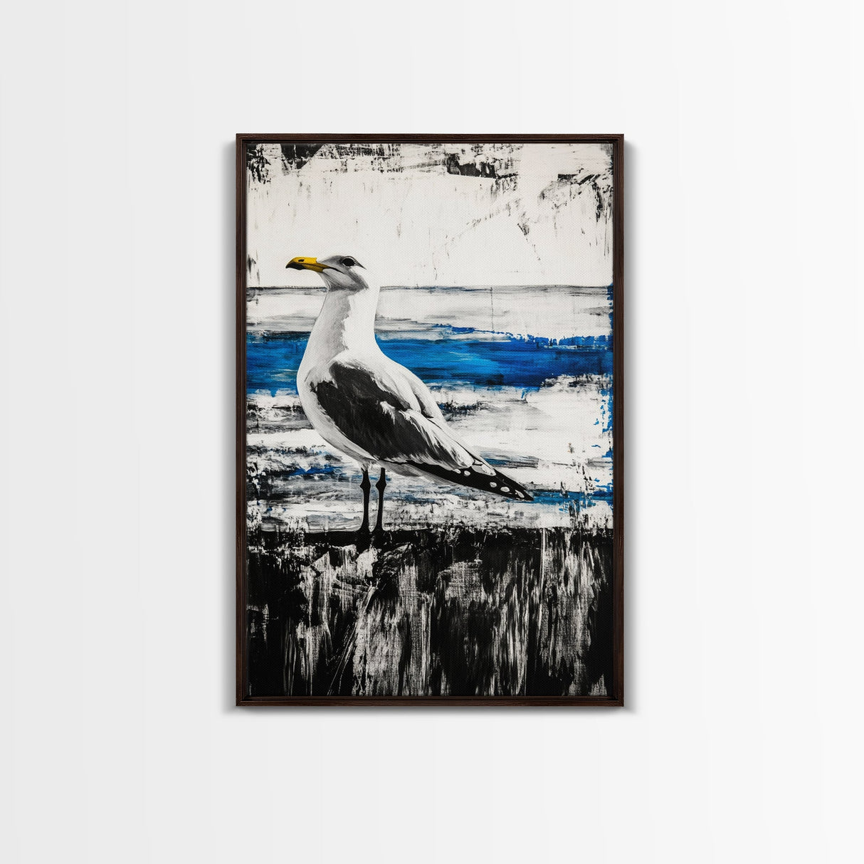 Seagull Painting, Coastal Bird Art, Ocean Wall Decor, Nautical Home Art, Blue and White Theme, Framed Canvas Print, Beach House Decor