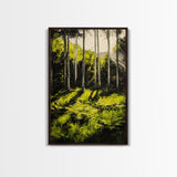 Forest Scene, Green Woodland Art, Sunlit Trees Print, Serene Nature Wall Decor, Cozy Cabin Art, Framed Canvas Print, Rustic Home Decor