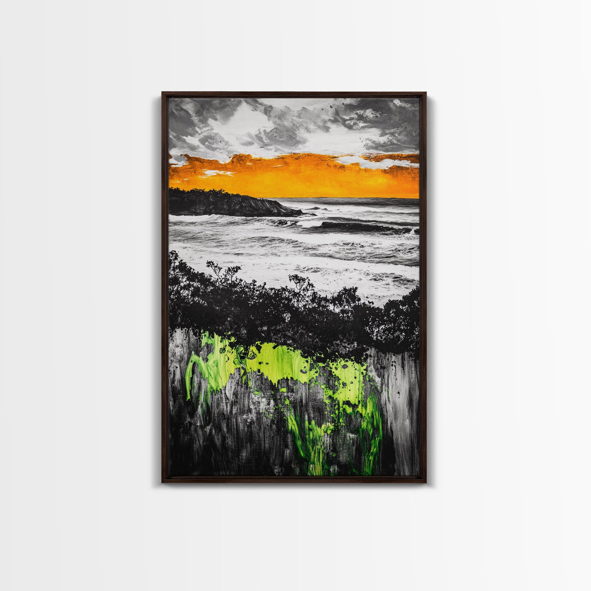 Sunset Ocean, Coastal Wall Art, Black White Seascape, Framed Canvas Print, Beach House Decor, Dramatic Sky, Nautical Artwork