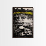 Water Lily, Tranquil Pond Scene, Zen Nature Decor, Floral Botanical Print, Relaxing Bedroom Wall Art, Framed Canvas Print