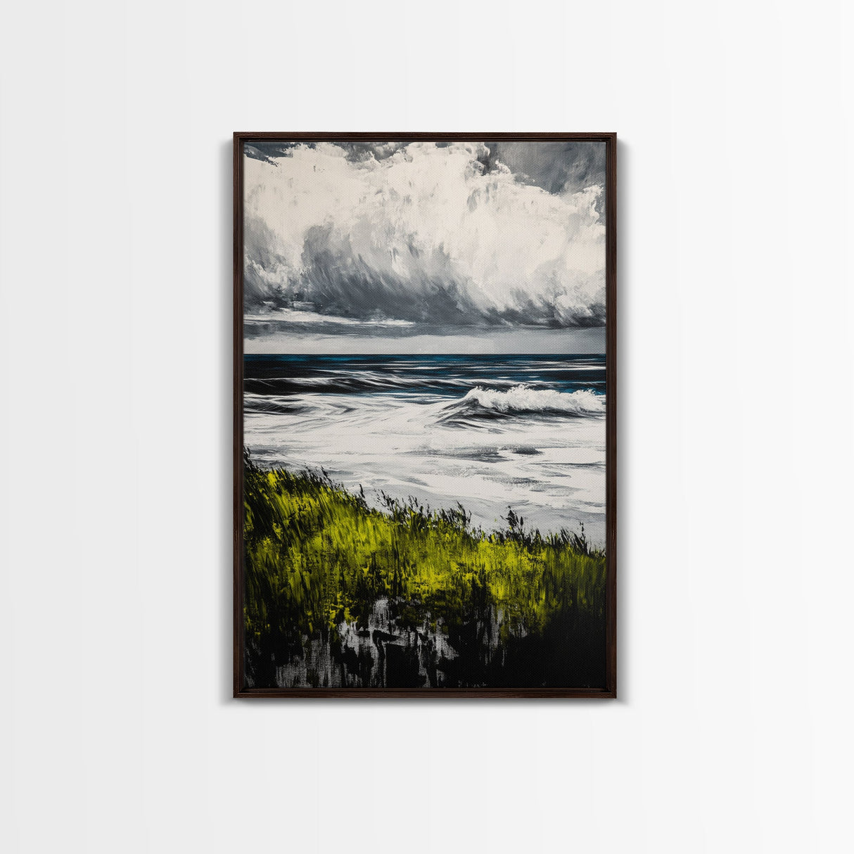 Ocean Waves, Storm Clouds, Coastal Drama, Seascape Wall Art, Framed Canvas Print, Modern Home Decor, Blue Gray Tones, Beach Aesthetic