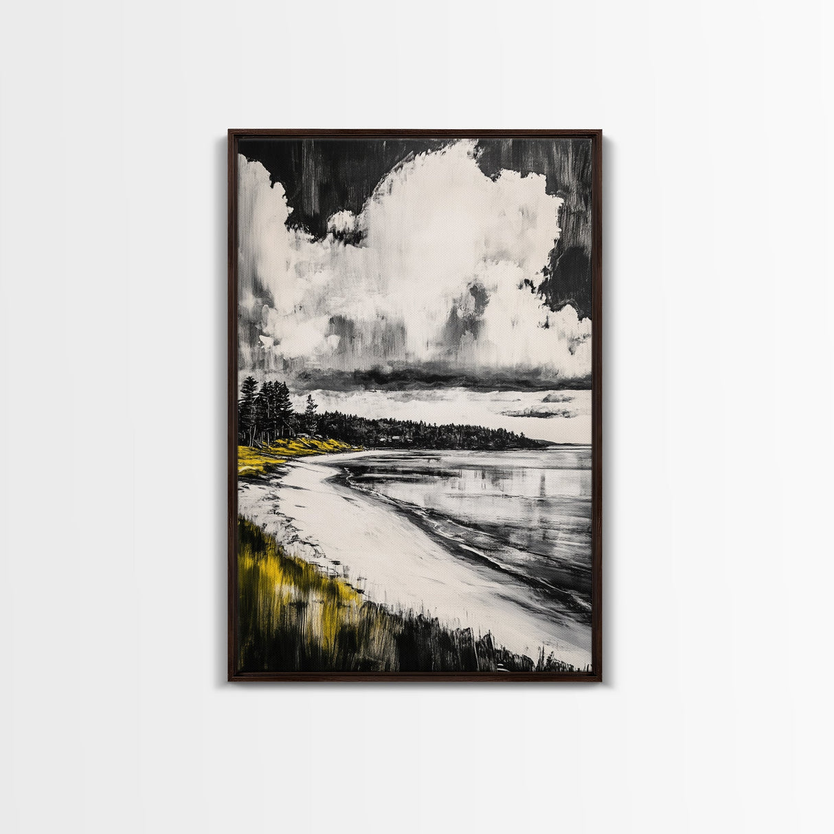 Tranquil Shoreline, Coastal Landscape, Framed Canvas Print, Beach House Wall Art, Ocean View, Minimalist Seascape, Living Room Accent