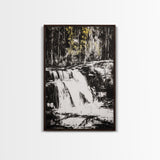 Waterfall Scene, Black and White Art, Forest Wall Decor, Cabin Aesthetic, Adventure Landscape Print, Wilderness Gift, Canvas Print